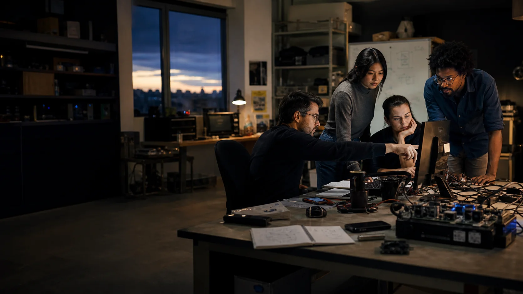 A small engineering team reviewing software together in a working electronics lab