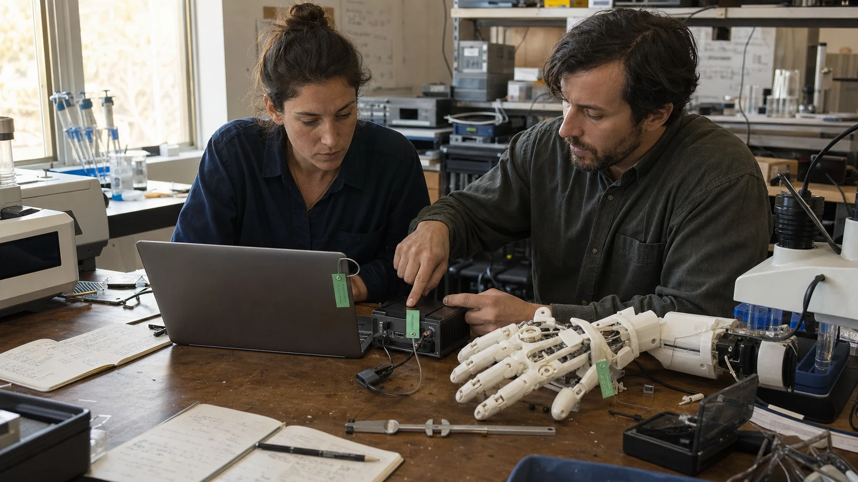 Two engineers coordinating a robotic hand, laboratory instruments, and edge compute from one shared workbench