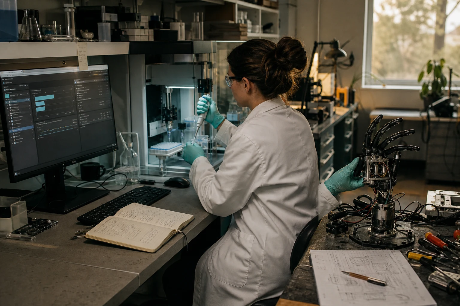 One persistent agent moving between a workstation, a laboratory instrument, and a robotic hand