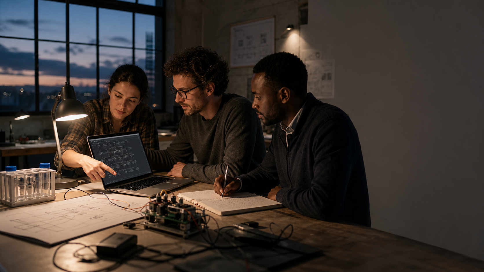 A scientist, engineer, and operations lead reviewing a shared project at a working studio