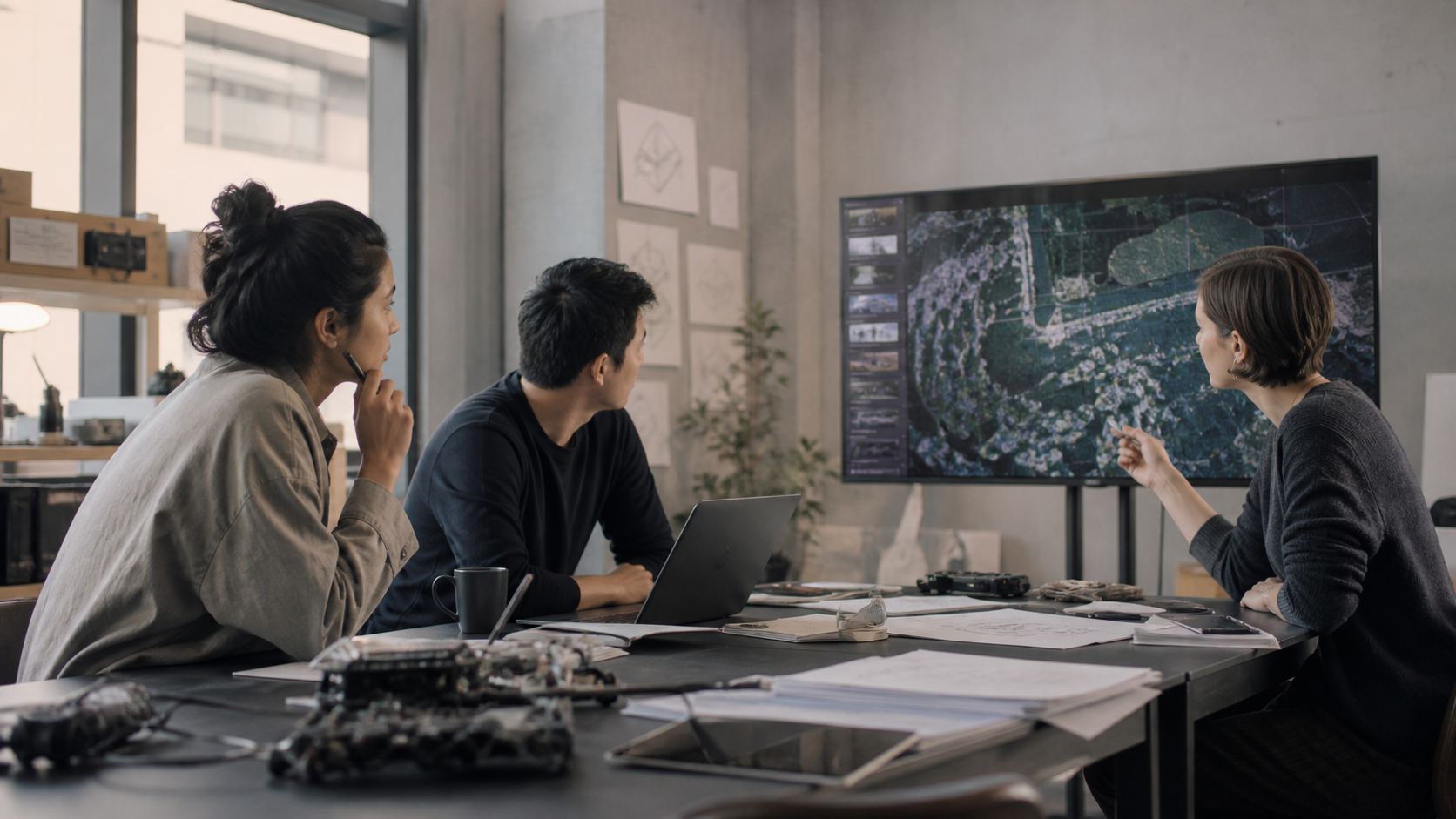 A multidisciplinary team collaborating around one shared operational display in a research and engineering studio