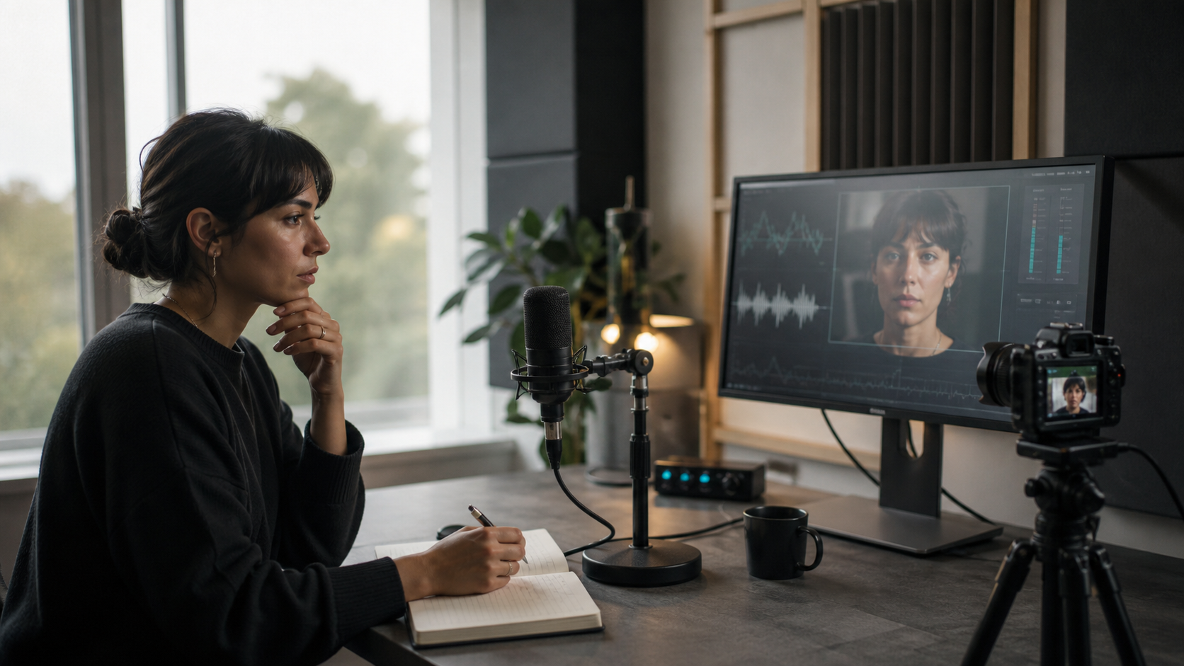 A creative technologist working in a natural face and voice capture room with a camera, microphone, portrait, and waveform display