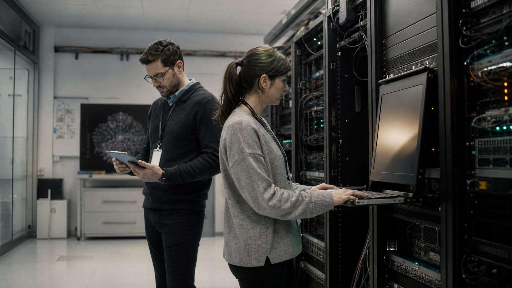 Engineers operating private AI infrastructure in a secure research compute room